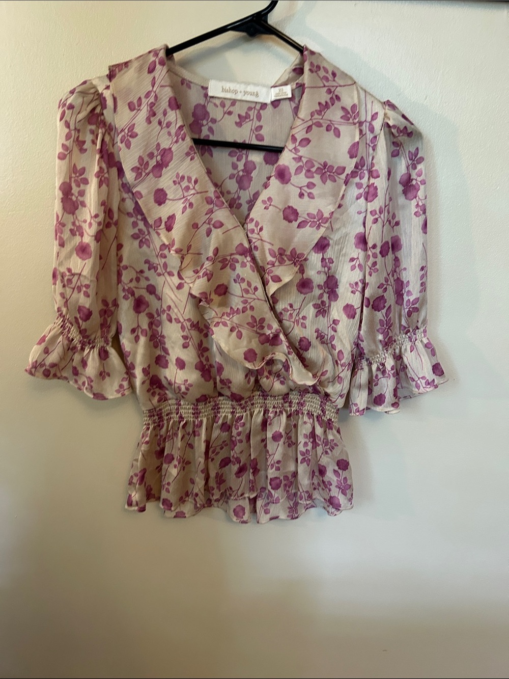 bishop + young Cream Wrap Blouse with Lavender Floral Print